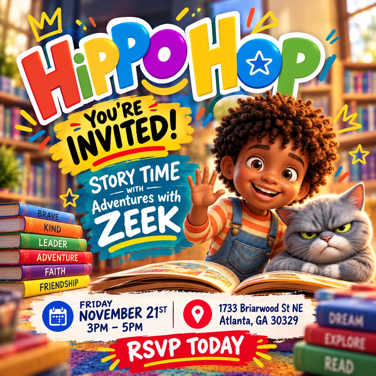 Original HippoHopp story time flyer featuring Zeek and Harvey. The first 25 kids are free; RSVP today.